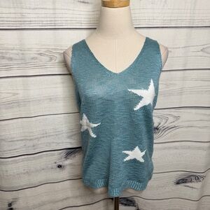 LA MIEL Blue Knit Tank, white star pattern